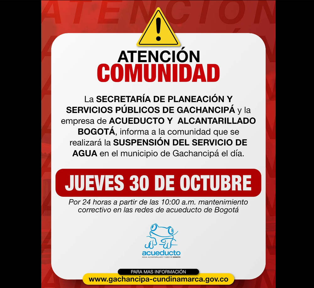 |Gachancipá| anuncia |cierre temporal| del |servicio de agua| por mantenimiento de la red matriz