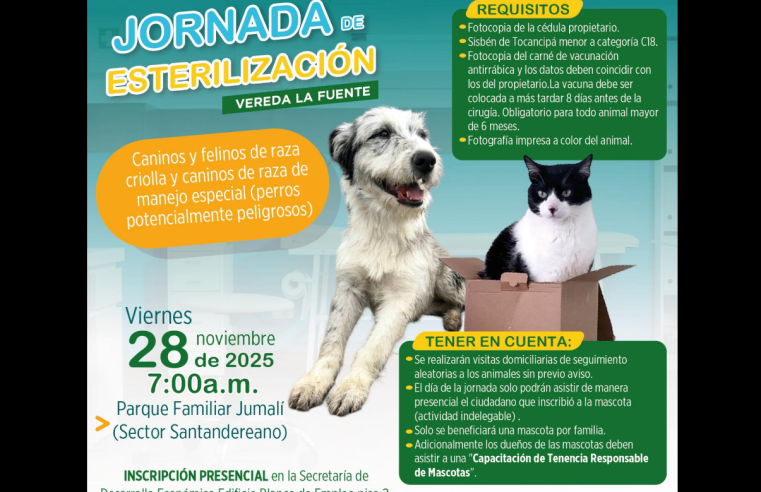 |Tocancipá| realizará nueva jornada de |esterilización| para caninos y felinos en |La Fuente|