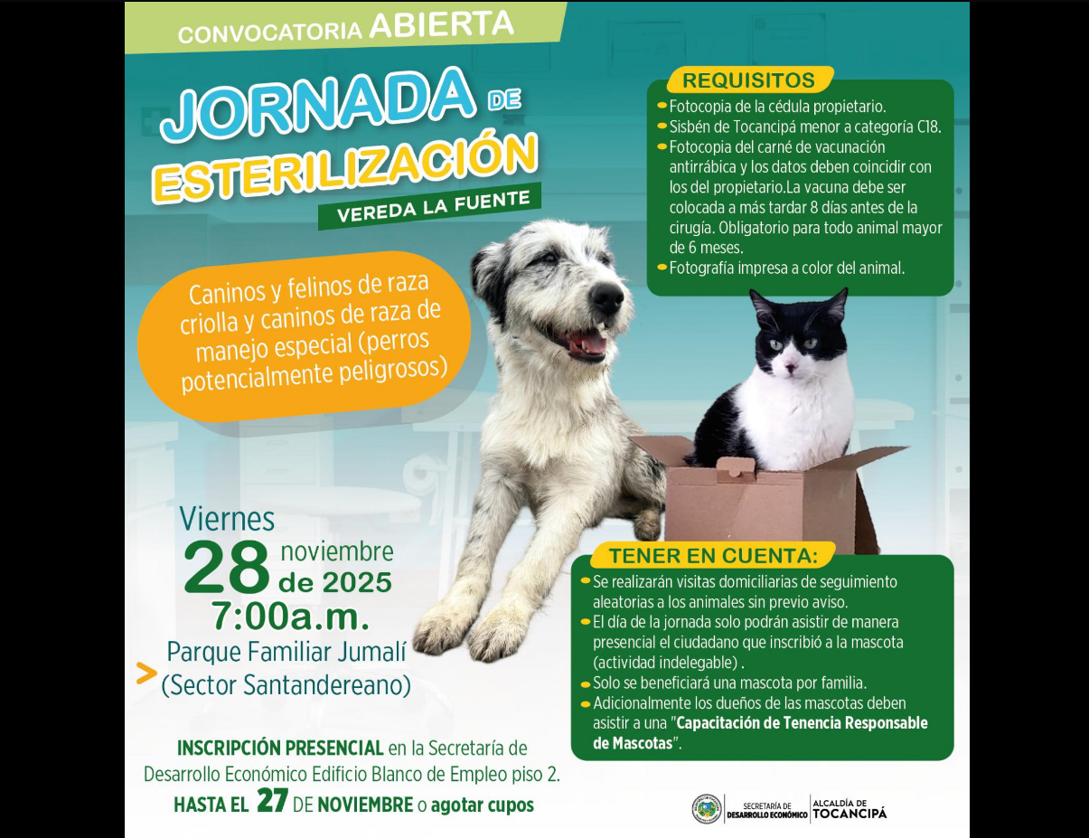 |Tocancipá| realizará nueva jornada de |esterilización| para caninos y felinos en |La Fuente|