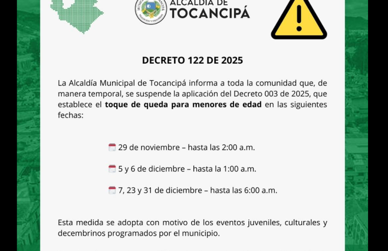 Suspenden Temporalmente el |Toque de Queda| para |Menores| en Fechas Específicas en |Tocancipá|