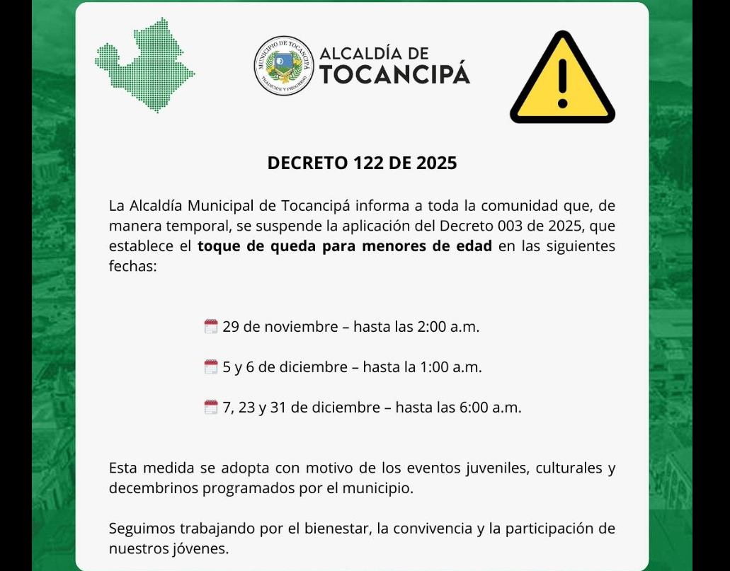 Suspenden Temporalmente el |Toque de Queda| para |Menores| en Fechas Específicas en |Tocancipá|