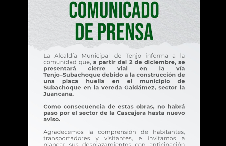 Cierre temporal en la vía |Tenjo|–|Subachoque| desde el 2 de diciembre