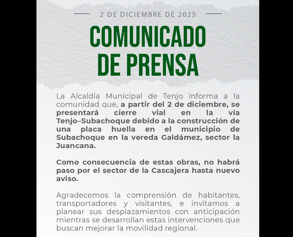 Cierre temporal en la vía |Tenjo|–|Subachoque| desde el 2 de diciembre