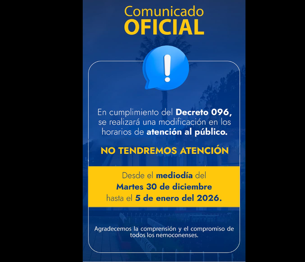 Alcaldía de |Nemocón| ajusta temporalmente horarios de |atención al público|