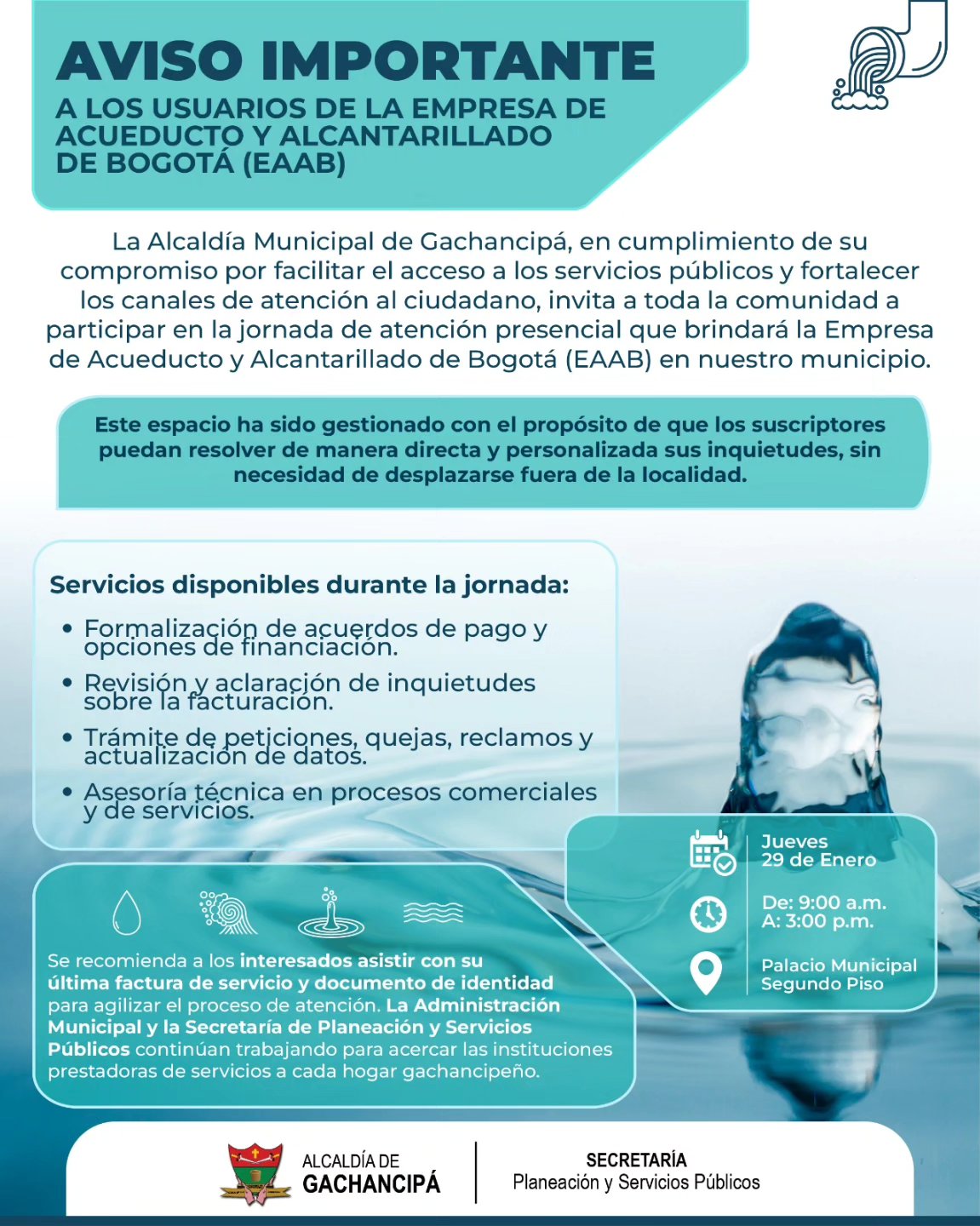 |Jornada especial| de atención de la EAAB para usuarios de |Gachancipá|