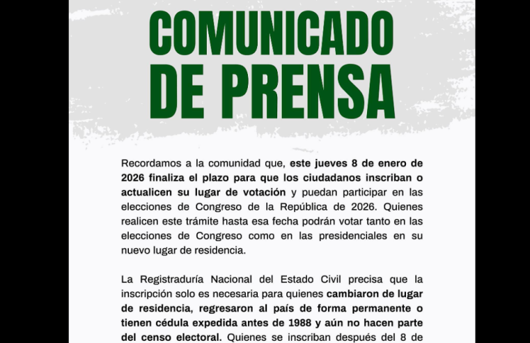 Plazo para la |inscripción de cédulas| vence el 8 de |enero| de 2026
