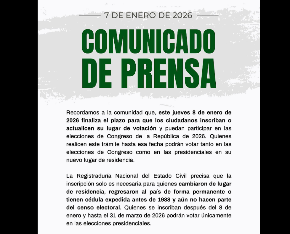 Plazo para la |inscripción de cédulas| vence el 8 de |enero| de 2026