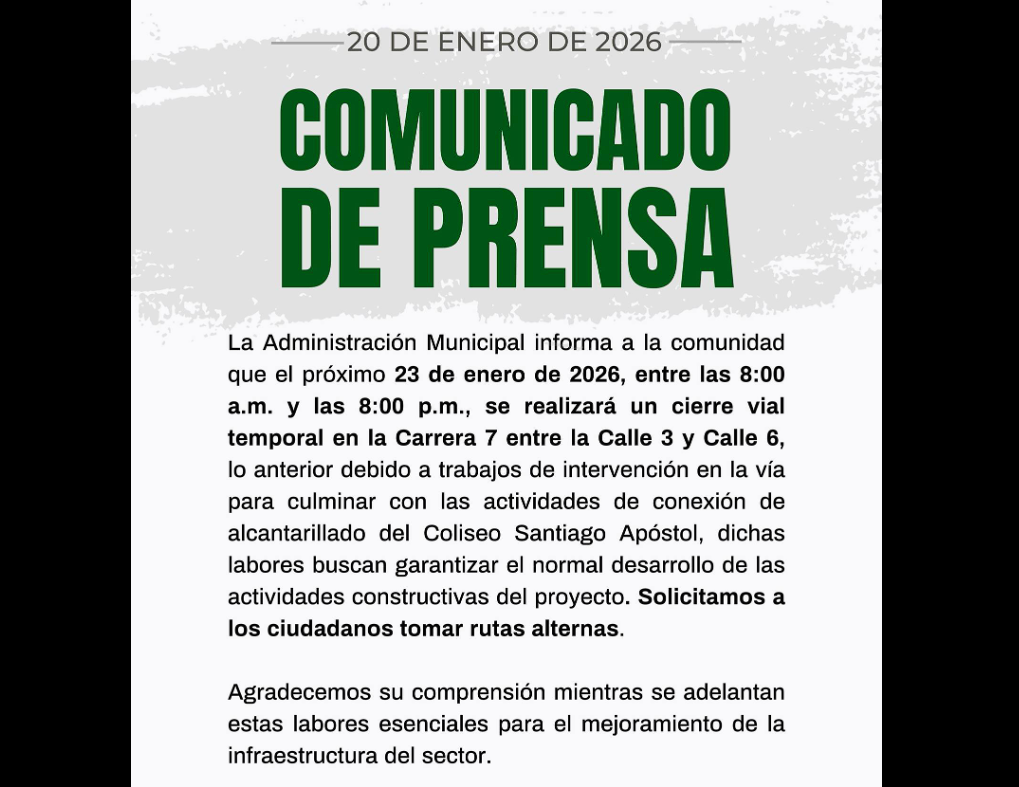 |Cierre vial| temporal por obras del |Coliseo Santiago Apóstol| en |Tenjo|