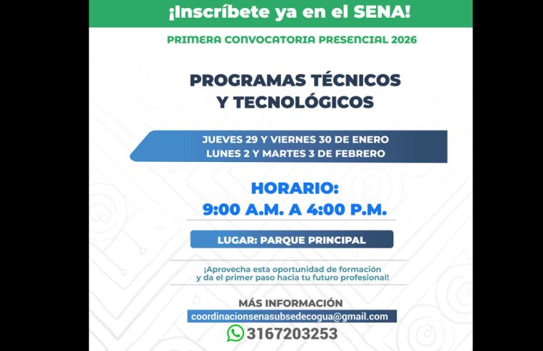 |Inscripciones abiertas| a la primera convocatoria presencial del |SENA| 2026 en |Cogua|