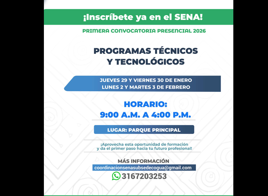 |Inscripciones abiertas| a la primera convocatoria presencial del |SENA| 2026 en |Cogua|