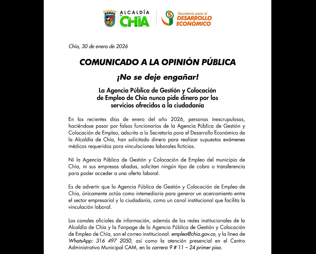 La Agencia Pública de Empleo de |Chía| advierte que no solicita dinero por sus servicios