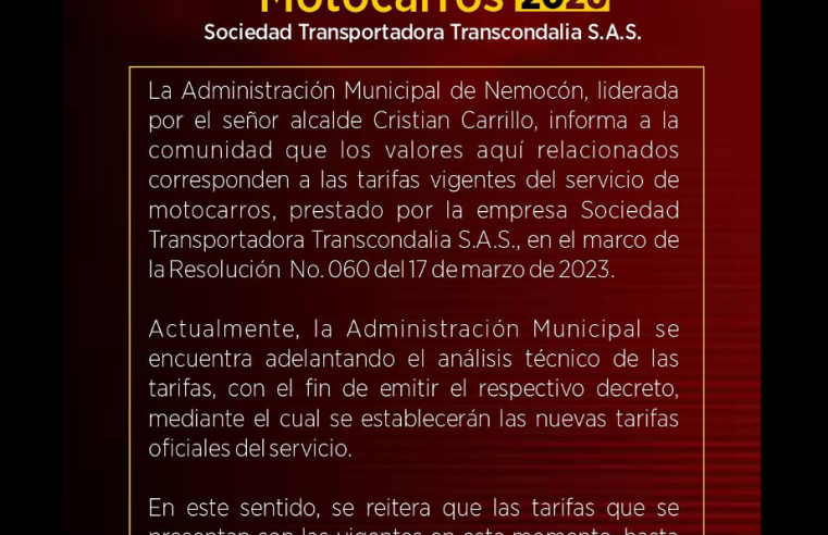 Tarifas vigentes del servicio de motocarros en |Nemocón|