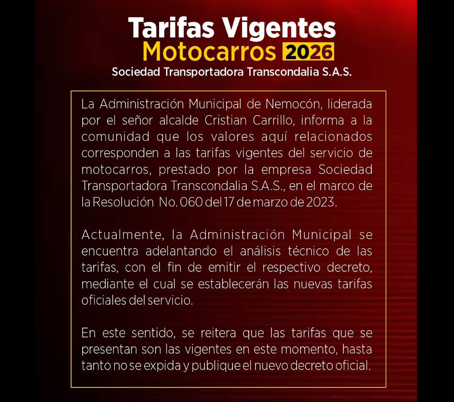 Tarifas vigentes del servicio de motocarros en |Nemocón|
