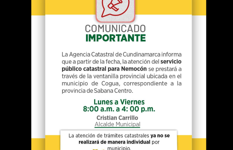 Atención catastral de |Nemocón| se prestará desde ventanilla provincial en |Cogua|