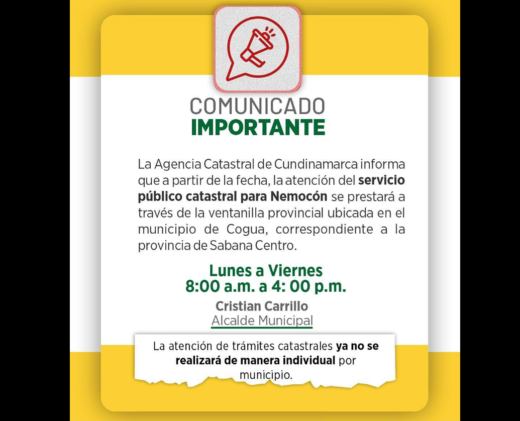 Atención catastral de |Nemocón| se prestará desde ventanilla provincial en |Cogua|