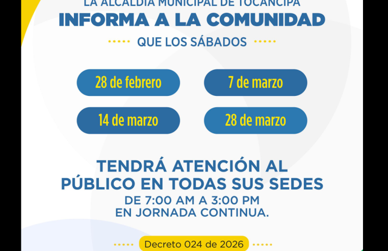 |Tocancipá| habilita atención al público en jornadas especiales de sábado
