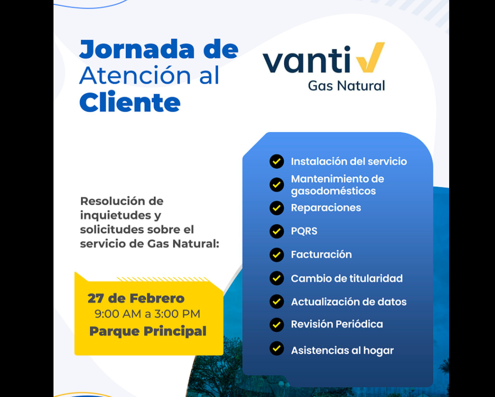 Jornada de |Atención al Cliente| de |Vanti| se realizará en el Parque Principal de |Cogua|