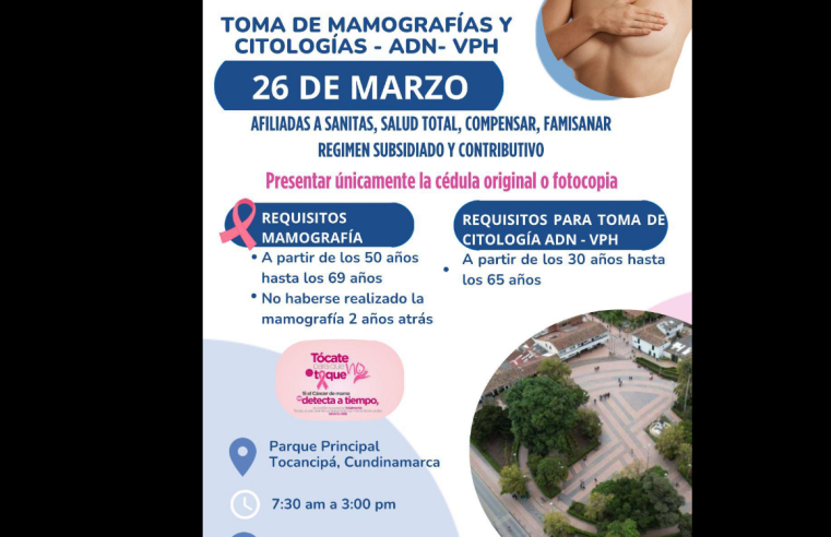 |Tocancipá| realizará feria de servicios de |salud| enfocada en |mamografías| y |citologías|