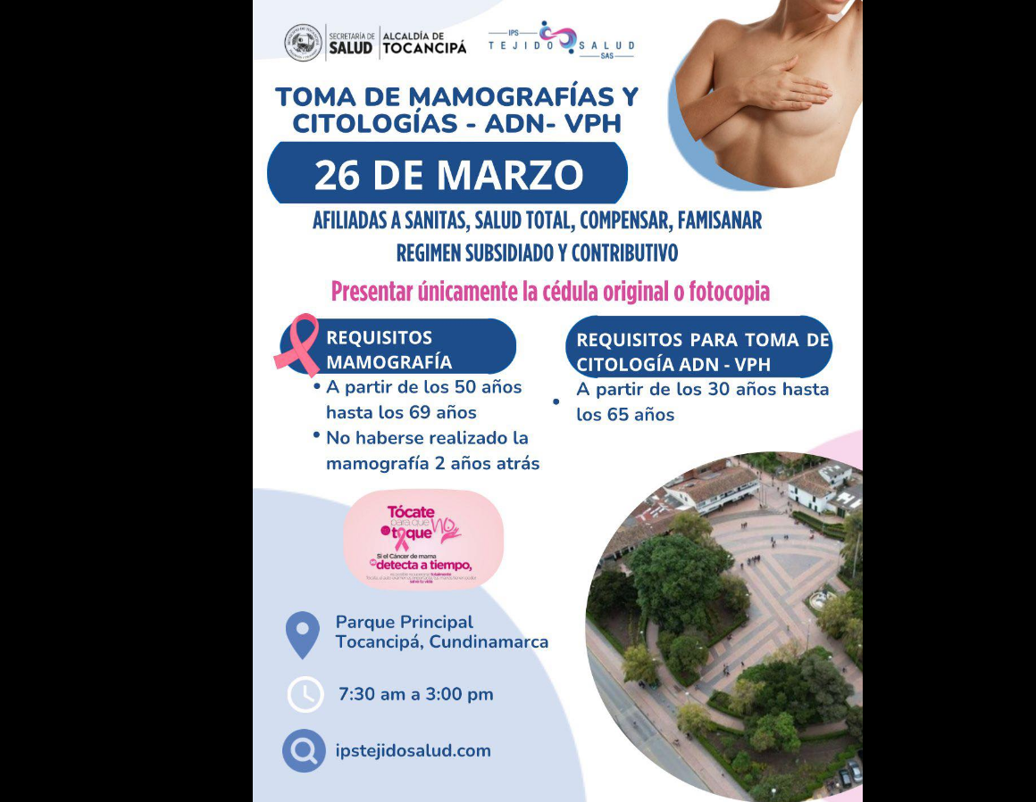 |Tocancipá| realizará feria de servicios de |salud| enfocada en |mamografías| y |citologías|