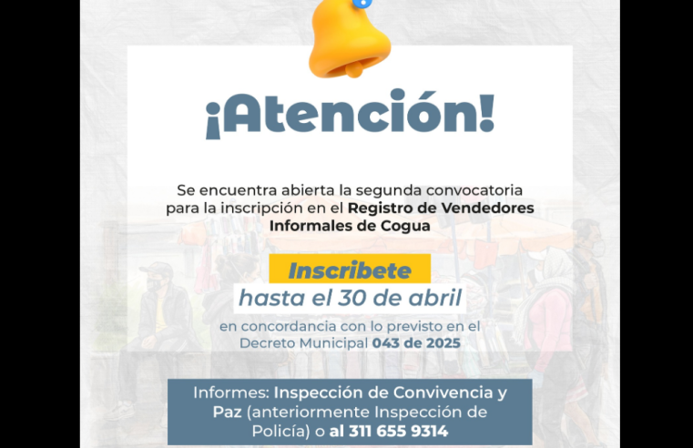 Abren segunda convocatoria para el |Registro de Vendedores Informales| en el municipio de |Cogua|