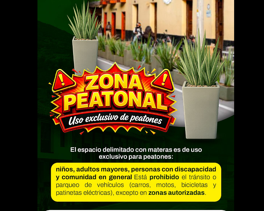 Invitan a cuidar las materas y respetar los |espacios peatonales| en el Parque Principal de |Tenjo|