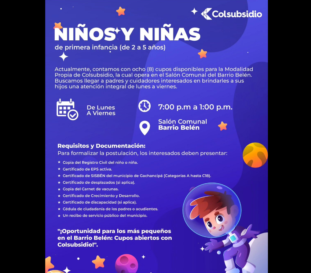 |Gachancipá| anuncia cupos disponibles para |atención integral| a la |primera infancia|