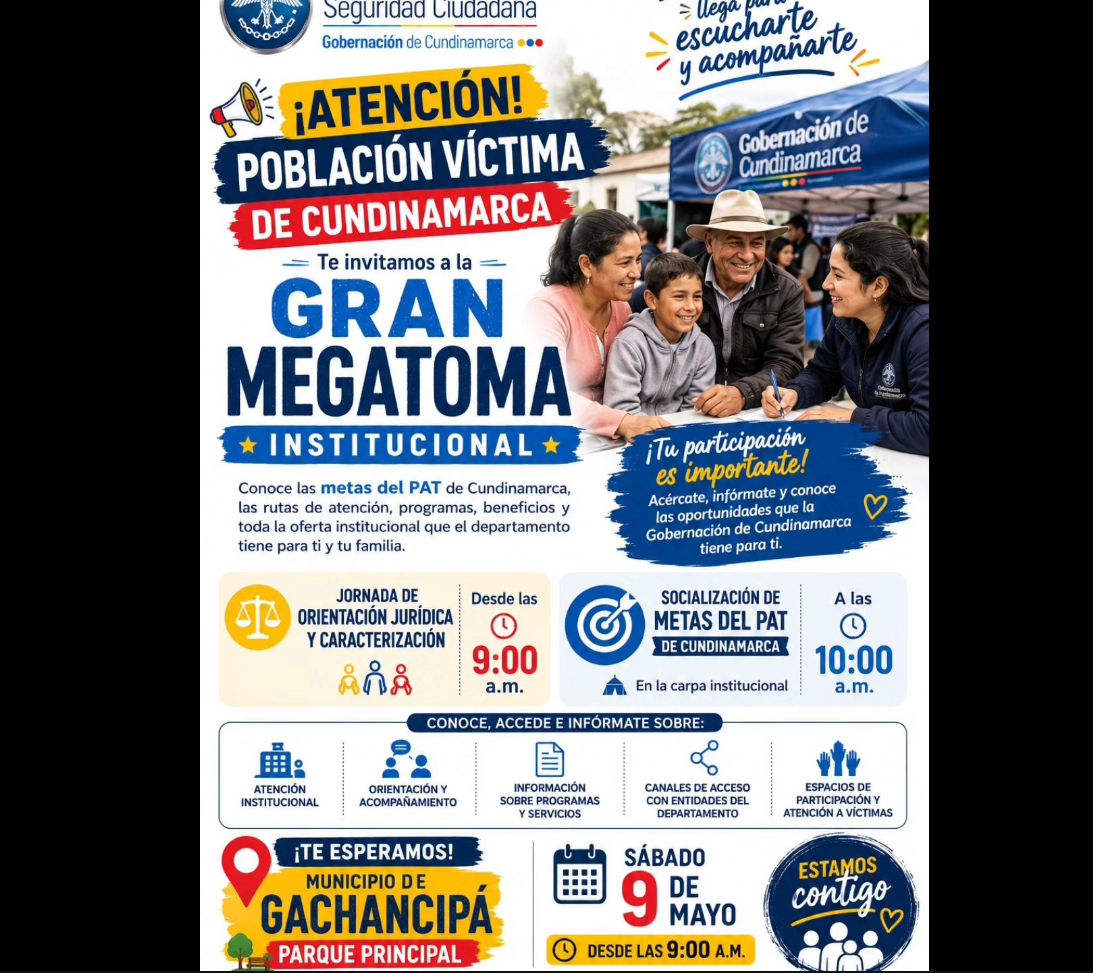 Gobernación de |Cundinamarca| realizará |Megatoma| Institucional para la población víctima en |Gachancipá|