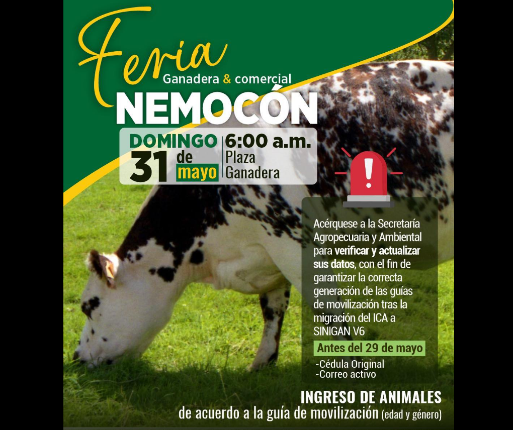|Nemocón| realizará |Feria Ganadera| y Comercial el próximo 31 de mayo