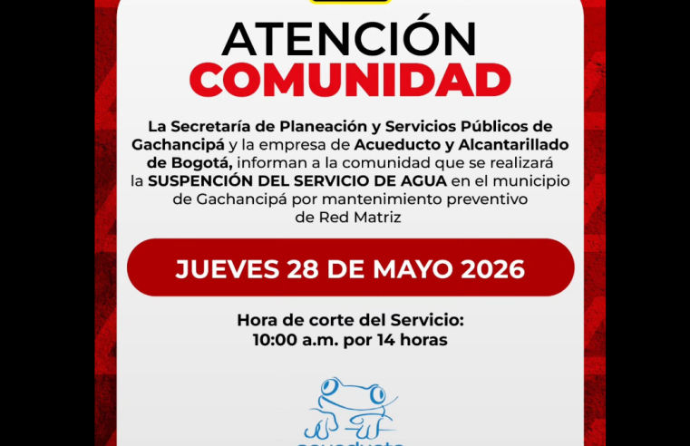 |Gachancipá| tendrá suspensión del servicio de agua por mantenimiento en la red matriz