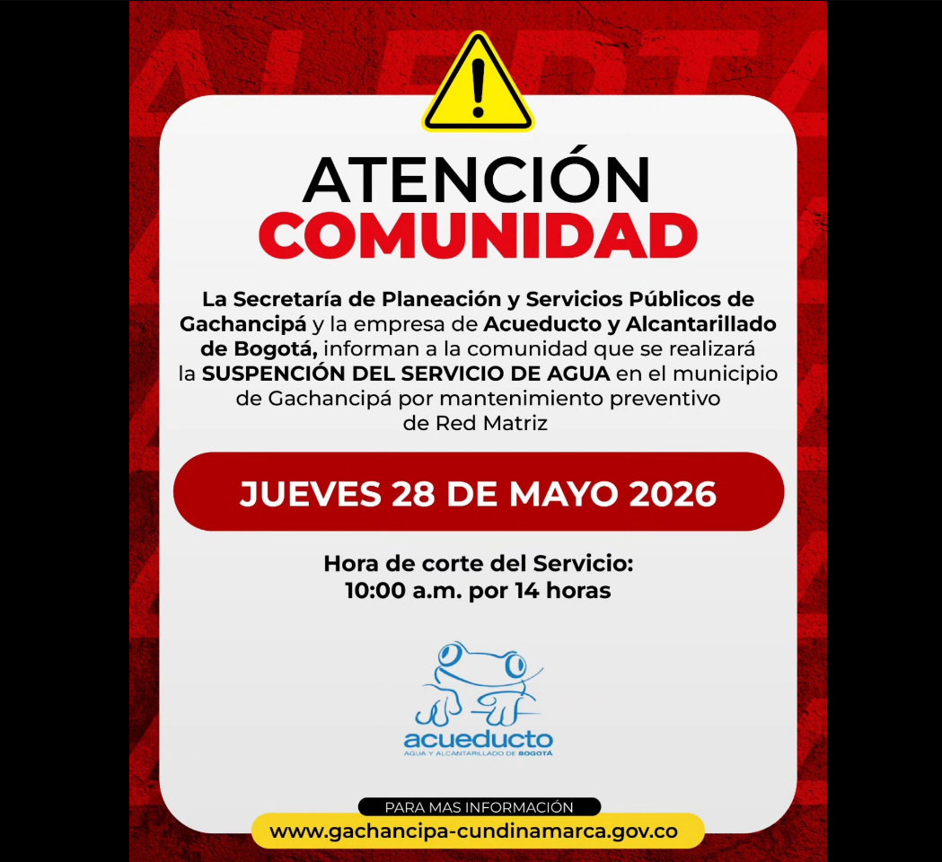 |Gachancipá| tendrá suspensión del servicio de agua por mantenimiento en la red matriz