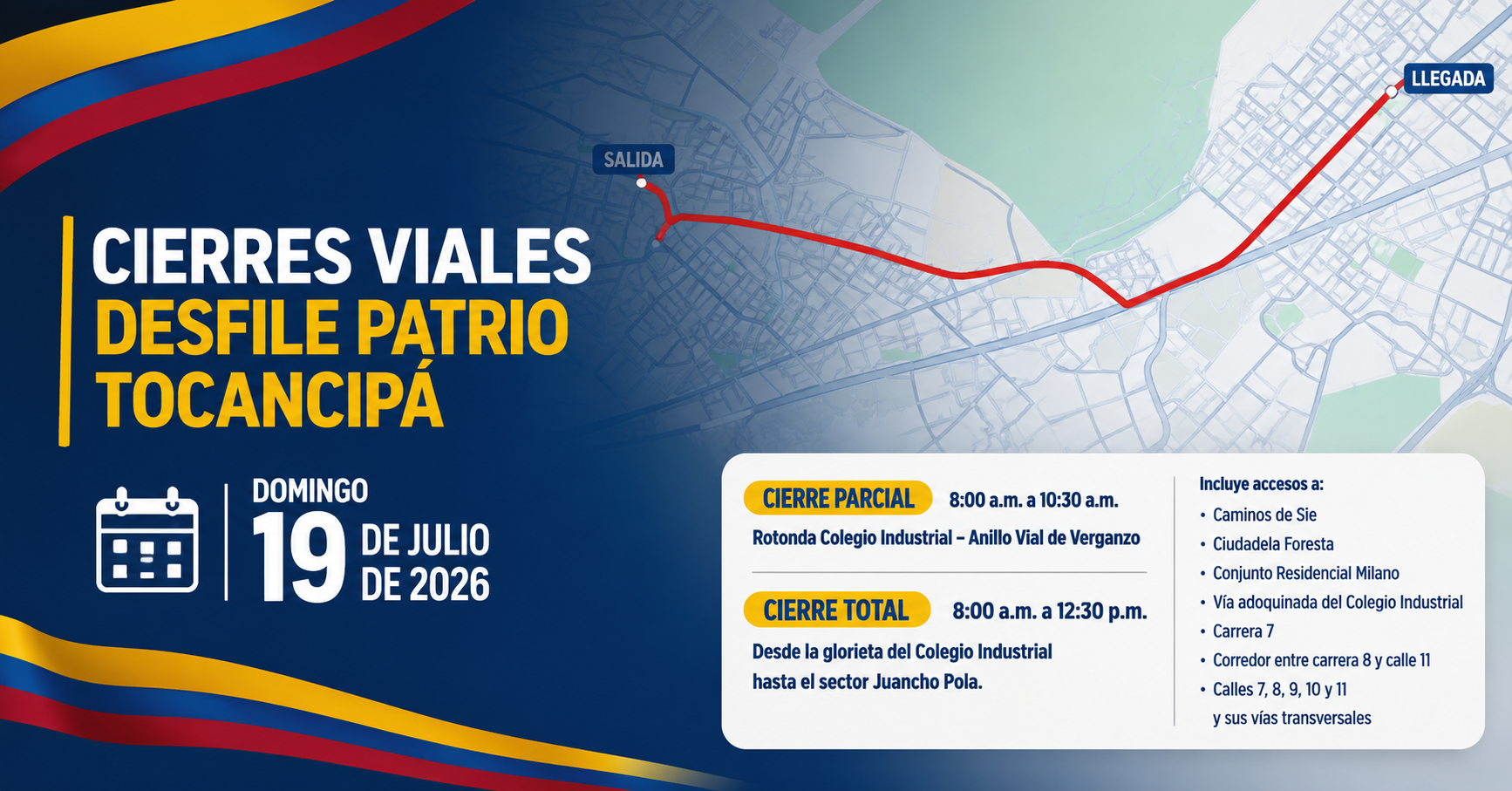 🇨🇴 Habrá |cierres viales| en |Tocancipá| por el |Desfile Patrio| del 19 de julio