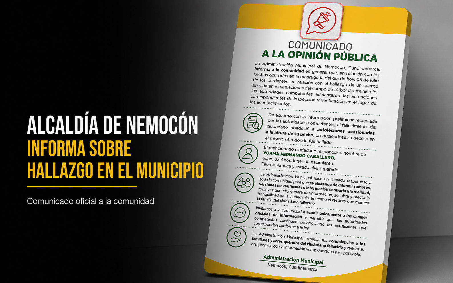 🚨 Alcaldía de |Nemocón| se pronunció sobre hallazgo de un ciudadano sin vida, ¿qué informó oficialmente?